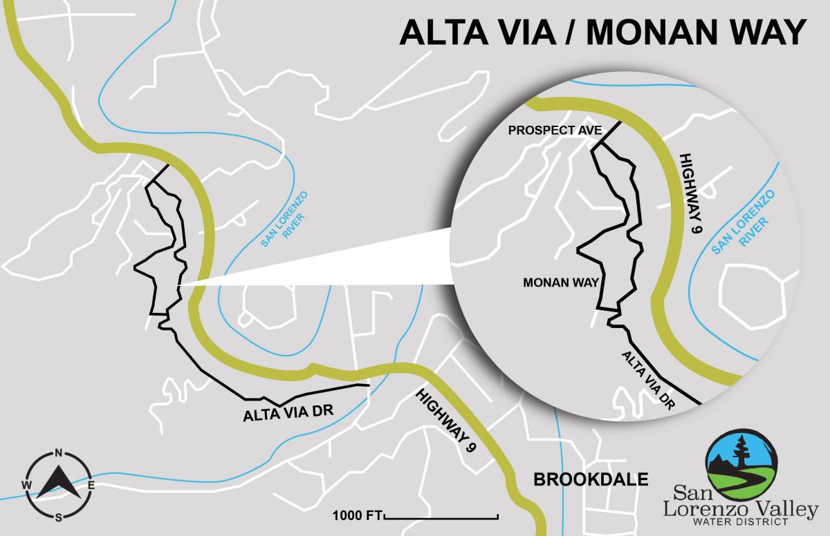 A map of the Alta Via/Monan Way Construction area